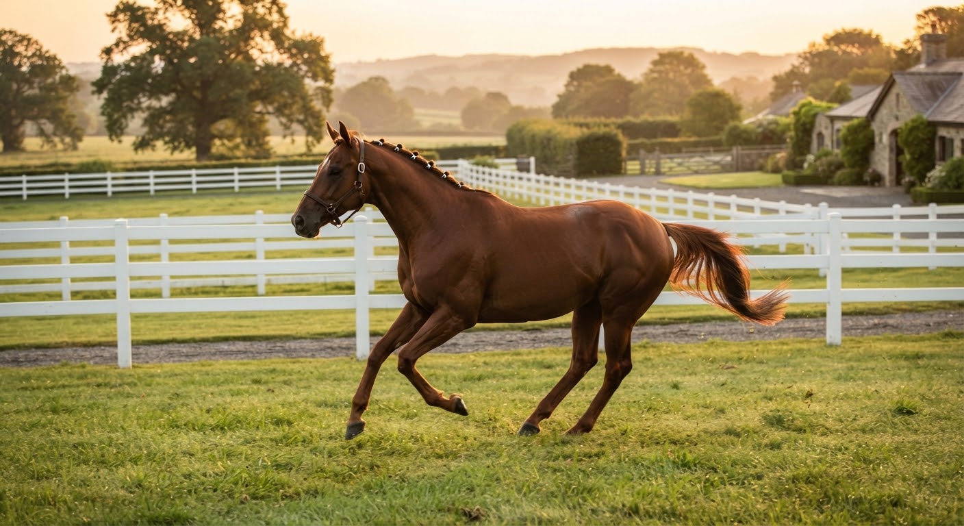 Cavalo alazão em galope leve num paddock de cercas brancas, ao entardecer